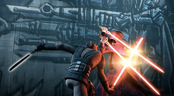 Darth Maul duelling against Darth Sidious in The Lawless with the